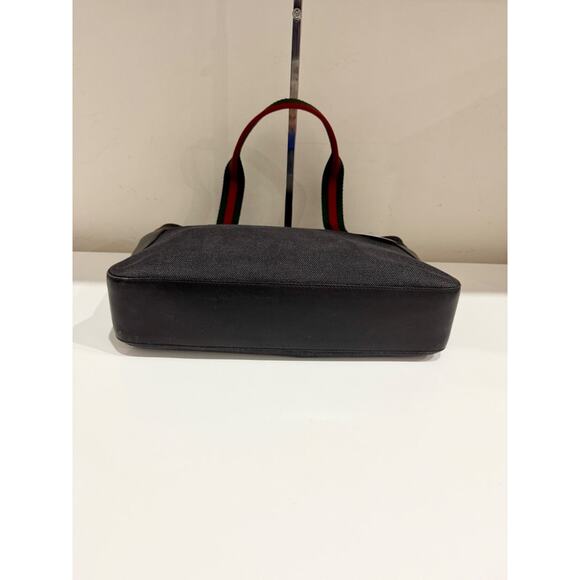 VTG Gucci Web Striped Sherry Line Denim Leather Tote Handbag Dark Blue/Green/Red - Picture 7 of 13